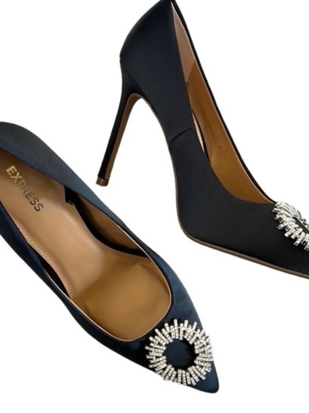 Express Black Satin Pointed Toe Heels with Crystal Circle Accent